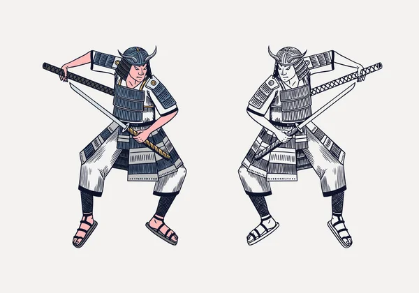 Japanese samurai. Warriors with weapons sketch. Men in a fight pose. Hand drawn vintage sketches. Vector illustration in monochrome style. — Stock Vector