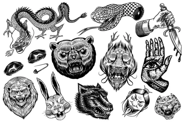 En uppsättning modeplåster. Tatueringskonst. Bear Dragon Lion Snake Dagger Hare och astrologisk hand. Ritad ingraverad i gammal vintage skiss. Vektor surrealistisk illustration, märken, tryck för t-shirt. — Stock vektor