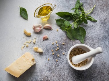 Pesto sos için malzemeler. Yeşil fesleğen, sarımsak, çam fıstığı, Parmesan ve gri arka plan üzerine zeytin yağı. İtalyan pesto sos hazırlanması. 