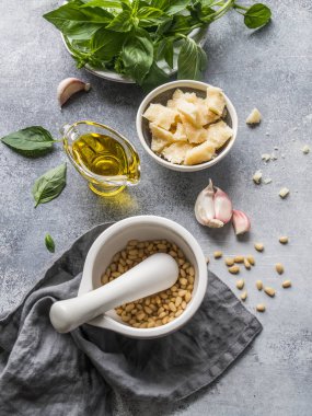 Pesto sos için malzemeler. Yeşil fesleğen, sarımsak, çam fıstığı, Parmesan ve gri arka plan üzerine zeytin yağı. İtalyan pesto sos hazırlanması. 