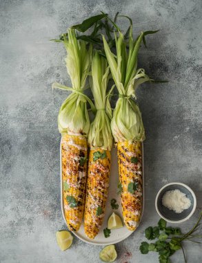 Mısır koçanı sos, kişniş, kireç, kırmızı biber ve seramik bir oval tabak peynirli ızgara. Meksika yemeği. Üstten görünüm