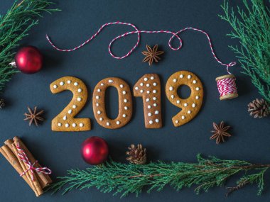 Numaraları ve koyu mavi zemin üzerine 2019 yeni yıl zencefilli kurabiye bisküvi Kızıl. Mevsimlik ambalaj ve yılbaşı öznitelikleri