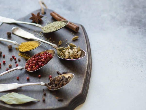 Various Spices Vintage Spoon Dark Wooden Board Dry Herbs Salt — Stock Photo, Image