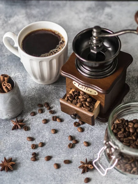 Varios Ingredientes Para Hacer Café Frasco Vidrio Con Granos Café — Foto de Stock