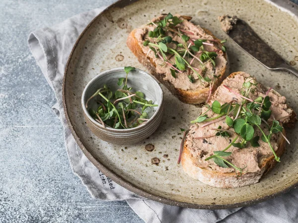 Két Pirítós Kacsamell Aszalt Szilva Rillettes Pástétom Fehér Kenyér Hajtások — Stock Fotó