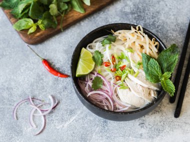 Geleneksel Vietnam çorba-pho ga tavuk ve pirinç noodle, nane ve Salantro, yeşil ve kırmızı soğan, biber, fasulye filizi ve kireç gri arka plan üzerinde siyah kase.