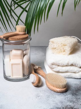 Sıfır atık kavramı. Çevre dostu banyo seti. Fırçalar, sabun kavanoz, havlu, pomza ve Sak ve palmiye yaprakları