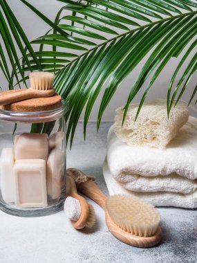Sıfır atık kavramı. Çevre dostu banyo seti. Fırçalar, sabun kavanoz, havlu, pomza ve Sak ve palmiye yaprakları