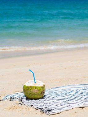 Taze bir genç hindistan cevizi mavi bir denize karşı kumlu bir plajda bir havlu üzerinde yemek için hazırdır. Tropikal tatil seyahat konsepti. Kopyalama alanı
