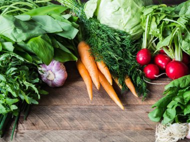 Taze Bahar sebze ve otlar - havuç, ramson, turp, dereotu, sarımsak, arugula, lahana, ahşap arka plan üzerinde yeşil soğan. Taze sebzebahar hasadı. Kopyalama alanı