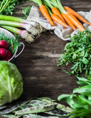 Taze Bahar sebze ve otlar rustik ahşap arka plan çerçeve. Taze sebzebahar hasadı. Kopyalama alanı