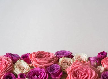 Çerçeve çeşitli taze pembe güller. bir düğün için karışık gül buketi. Kopya alanı. Üstte görüntü