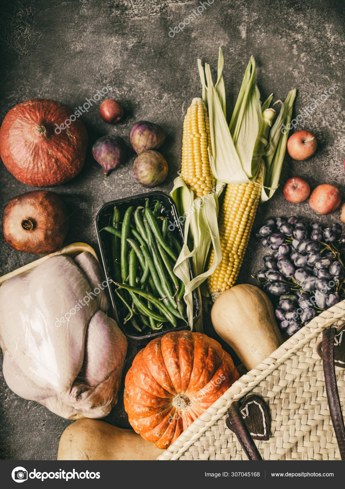 Thanksgiving Shopping With Raw Poultry Vegetables And Fruits Shopping For Thanksgiving Table Flat Lay Fresh Farm Bag Stock Photo Image By C Sentelia 307045168