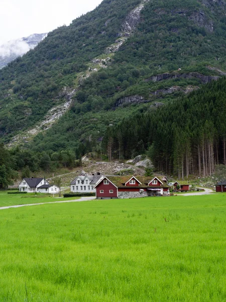 Casas tradicionales de madera roja y césped en el techo. Casas y granjas en un valle verde cerca de una gran montaña. espacio de copia — Foto de Stock