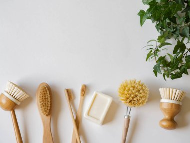 Bulaşık fırçası, sabun, bambu diş fırçası ve yeşil saksı. Sürdürülebilir yaşam tarzı sıfır atık kavramı. Atık bırakmadan temizlik. Plastik nesne yok.
