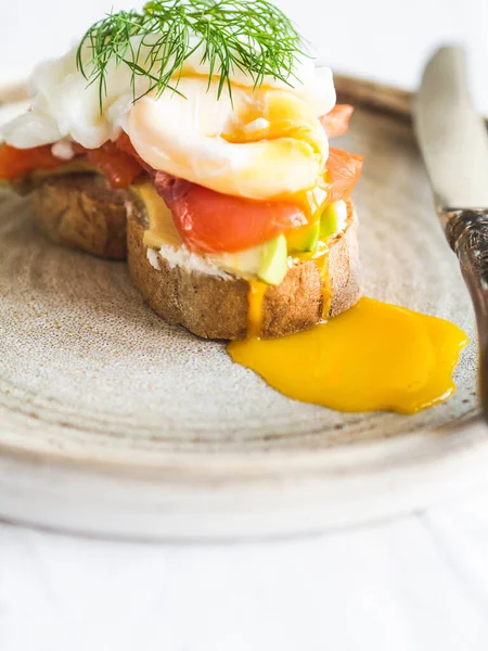 Avocado Smoked Salmon Poached Toast Rustic Plate Healthy Breakfast Concept — Stock Photo, Image