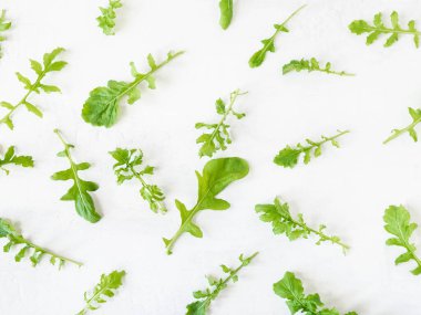 Arugula deseni beyaz arkaplanda izole edilmiş. Roka yapraklarından oluşmuş bir kompozisyon. Düz yatış, üst görünüm
