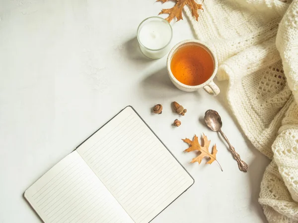 Composition Automne Cadre Plaid Écharpe Tricotée Feuilles Tombées Tasse Thé — Photo