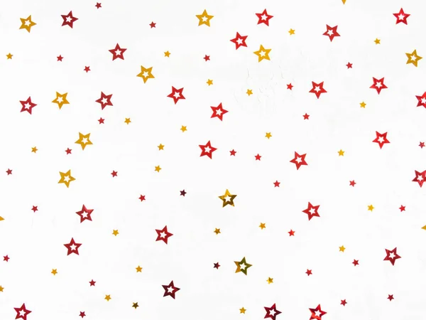 Weihnachts Konfetti Sterne Komposition Flache Lagen Aus Goldenen Und Roten — Stockfoto