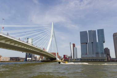 Rotterdam, Hollanda - 7 Nisan 2018: Erasmus asma köprü geçiş meşgul yeni Maas nehri ile diğer tarafta modern binalar