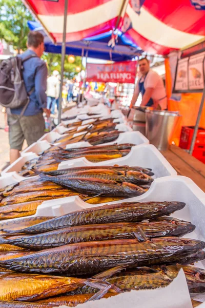 Mackeral Ahumado Venta Mercado Holandés Pescado — Foto de Stock