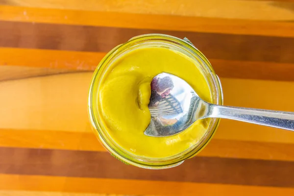 Spoon Jar Mustard Sauce — Stock Photo, Image