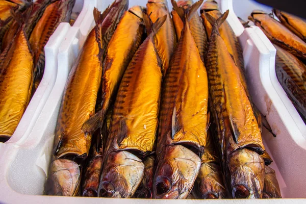 Preparado Ahumado Caballa Mercado Europeo Pescado Local — Foto de Stock