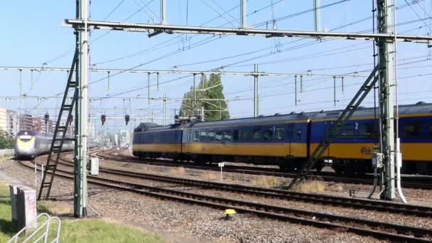 アムステルダム オランダ 7月5 2019 アムステルダム中央駅近くのオランダの電気列車 — ストック動画