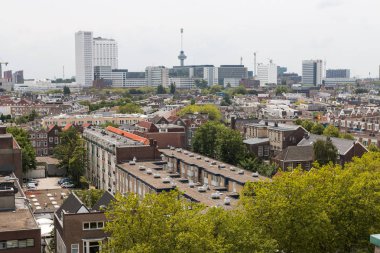 Rotterdam, Hollanda - 19 Temmuz 2019: Rotterdam yapraklı kentsel apartmanların karma klasik mimarisi modern şehir yüksek yükselişi, yüksek kuleler ve arka planda euro direği ile ön planda