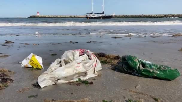 オランダ シェビニンゲン 2020年9月17日 プラスチック製の袋の汚染は ボートが背景に移動して シェビニンゲン港のビーチに漂着しました — ストック動画