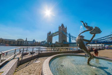 Ünlü Tower Bridge Londra'daki London, Büyük Britanya - Nisan 19: görünümü üzerinde 19 Nisan 2018 güneşli bir günde