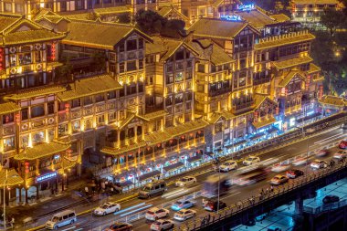CHONGQING, CHINA - SEPTEMBER 18: This is a view of the traditional architecture at Hongyadong, a popular tourist destination with shops and restaurants on September 18, 2018 in Chongqing clipart