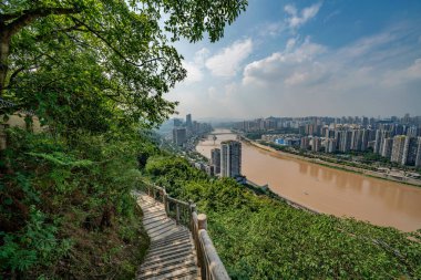 CHONGQING, CHINA - SEPTEMBER 23: View of Chongqing city and mountain path from Eling Park on September 23, 2018 in Chongqing clipart