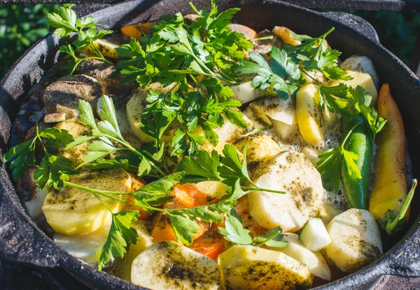 Khashlama sebzeli kuzu dan hazırlanan çok popüler bir Ermeni yemeğidir. Khashlama kasede. Seçici odaklama