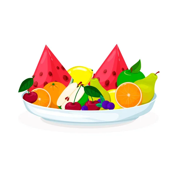 Plate with fruits and berries salad. Fresh healthy food — Stock Vector