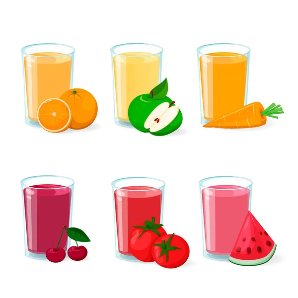 Suco de frutas e vegetais frescos em vidro. Conjunto de ícones vetoriais . —  Vetores de Stock