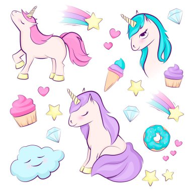 Şirin sihirli unicorn, gökkuşağı, yıldız, pasta kümesi. Beyaz arka plan üzerinde izole vektör tasarımı. Çocuklar için illüstrasyon.