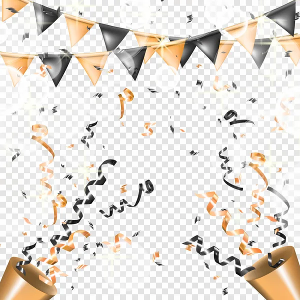 Two exploding gold party popper with serpentine and flag garland. Shine ribbon and confetti, glitter, stars, streamer. Holiday design. — Stock Vector