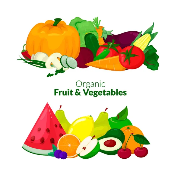 Čerstvé Bio Ovoce Zeleninu Složení Kreslené Vektorové Ilustrace — Stockový vektor