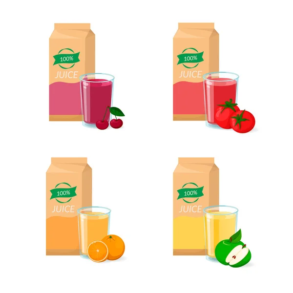 Conjunto de vectores de sumo. Pacote de caixa, vidro e frutas. Laranja, cereja, tomate, maçã —  Vetores de Stock