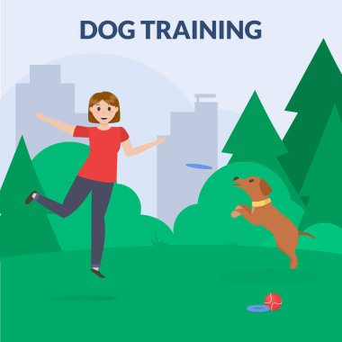 Spor donatımı ile köpek parkı. Köpek oynamaya bir kadın. Cynology. Düz vektör.