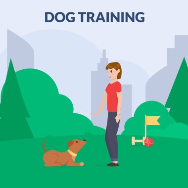 Spor donatımı ile köpek parkı. Köpek eğitim bir kadın. Cynology. Komut yere bırak. Düz vektör.