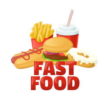 Metin ile beyaz arka plan üzerinde izole fast food yemek. Karikatür vektör.