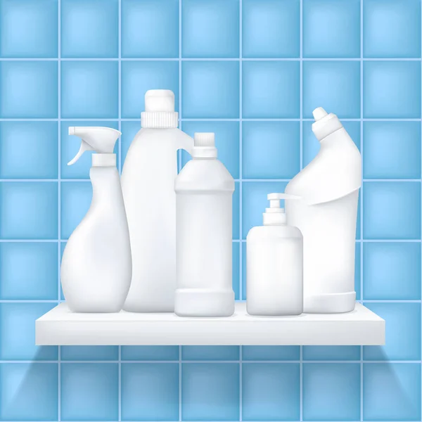 Eine Reihe realistischer Waschmittel bleibt im Regal. Keramikfliesen Hintergrund. Attrappe Plastikflasche und Verpackung. Haushaltschemikalien. Vektor. — Stockvektor