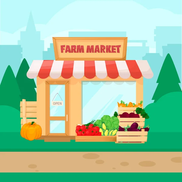 Farmers market.Eco tienda local orgánica. Venta de frutas y verduras. Produce stands.Cartoon estilo vector — Vector de stock