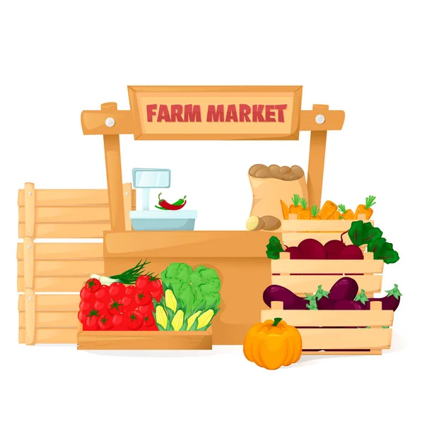 Petani pasar. Eco organik toko lokal. Menjual buah dan sayuran. Hasilkan stands.Cartoon style vector - Stok Vektor