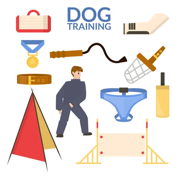 Conjunto de objeto del deporte del perro. Equipo de entrenamiento. Obediencia. Vector plano . — Vector de stock