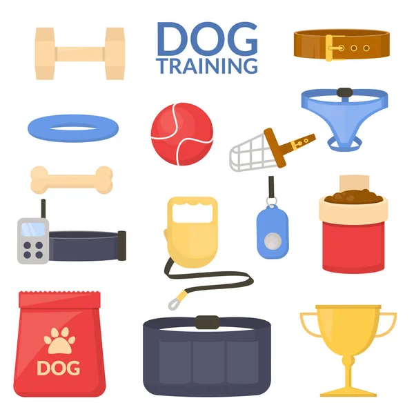 Conjunto de objeto del deporte del perro. Equipo de entrenamiento. Obediencia. Vector plano . — Vector de stock