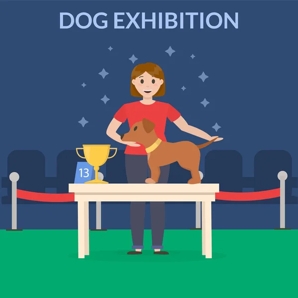 Pedestal ganador. Cachorro ganar un concurso de perros, mascota en el primer lugar. Campeón perrito medalla, competencia plataforma vector ilustración — Vector de stock