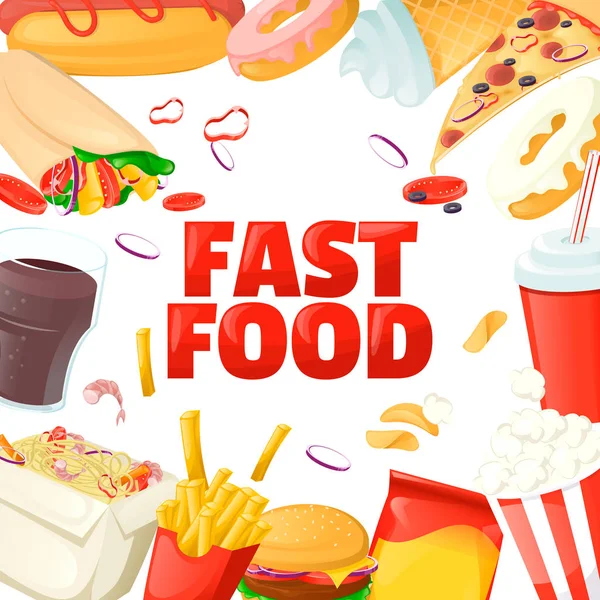 Fastfood menusjabloon. Ontwerp met cokes, hamburger, popcorn, ijs, knapperig. Cartoon vector. — Stockvector